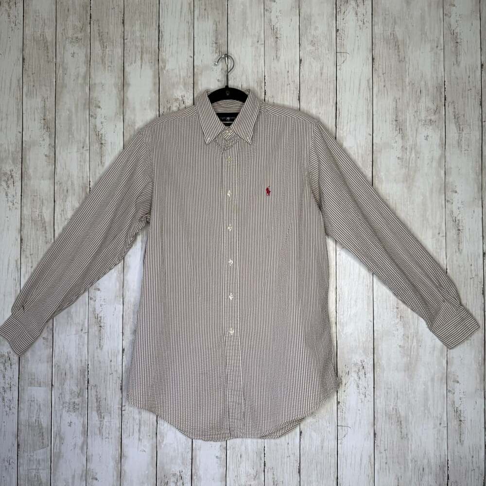 Ralph Lauren Brown White Striped Seersucker Button-Down Shirt